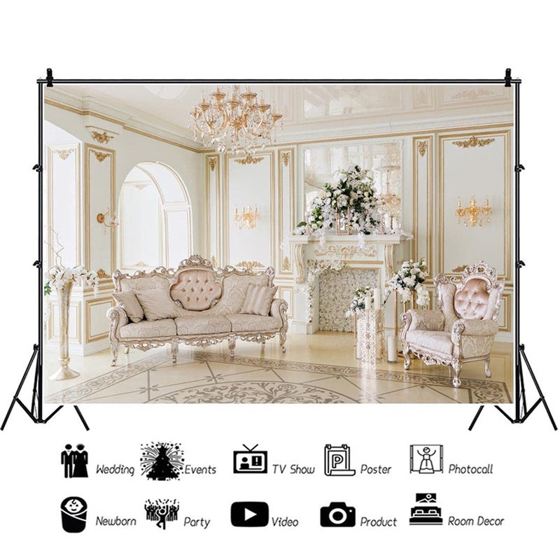 AOFOTO 7x5ft Luxury Indoor Furnishing Backdrop Chandelier Chair Mantel Flower Photography Background Adult Portrait Aristocratic Interior Decoration Photo Shoot Studio Props Video Drop Wallpaper Drape - Image 4